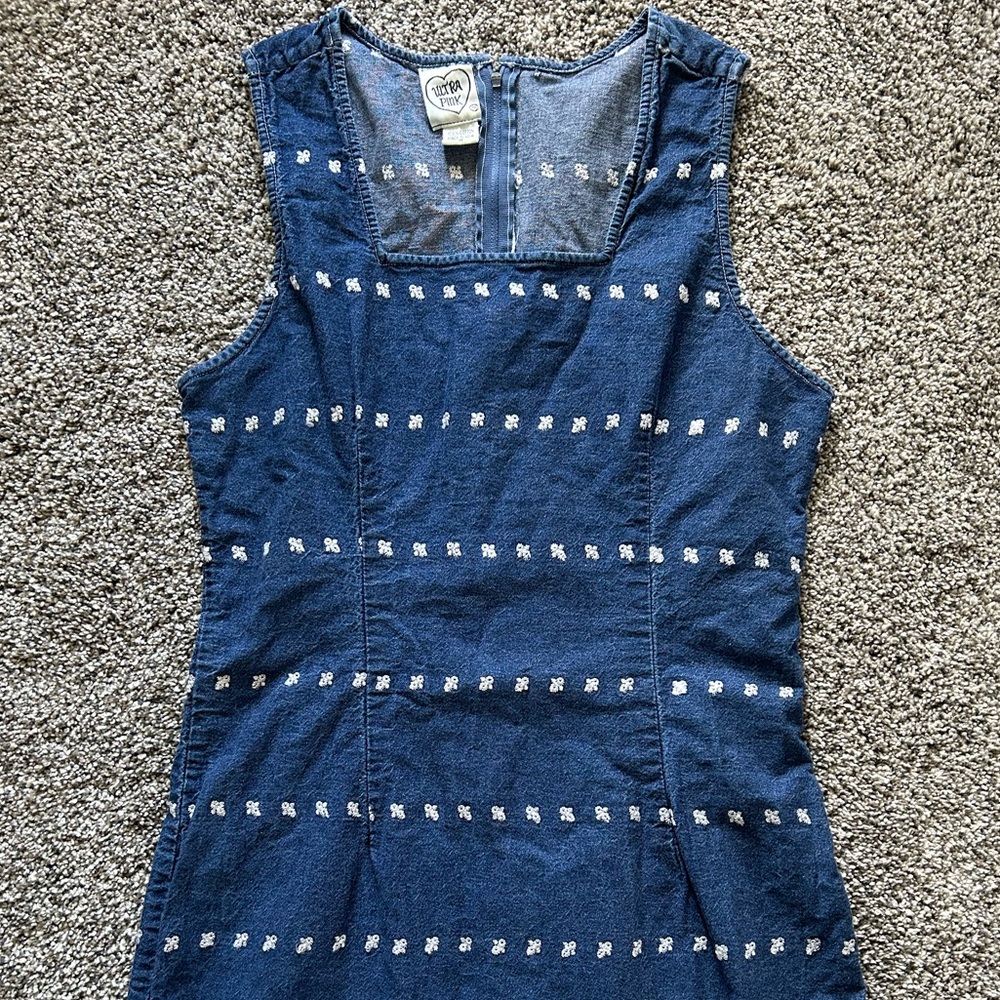 Vintage Denim Dress with Floral Embroidery